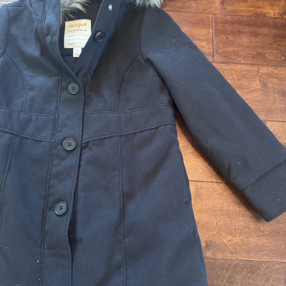Cat & Jack Girls Black Hooded Winter Coat Faux Fur Trim Size Small 6-6X